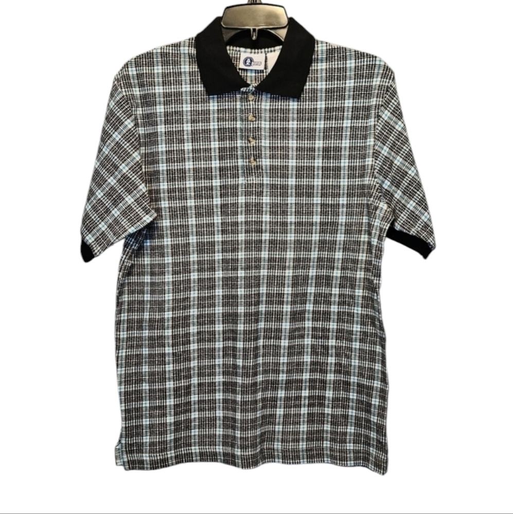 Arizona Jean Company Black White Blue Plaid 100% Cotton Polo Shirt Size Lg